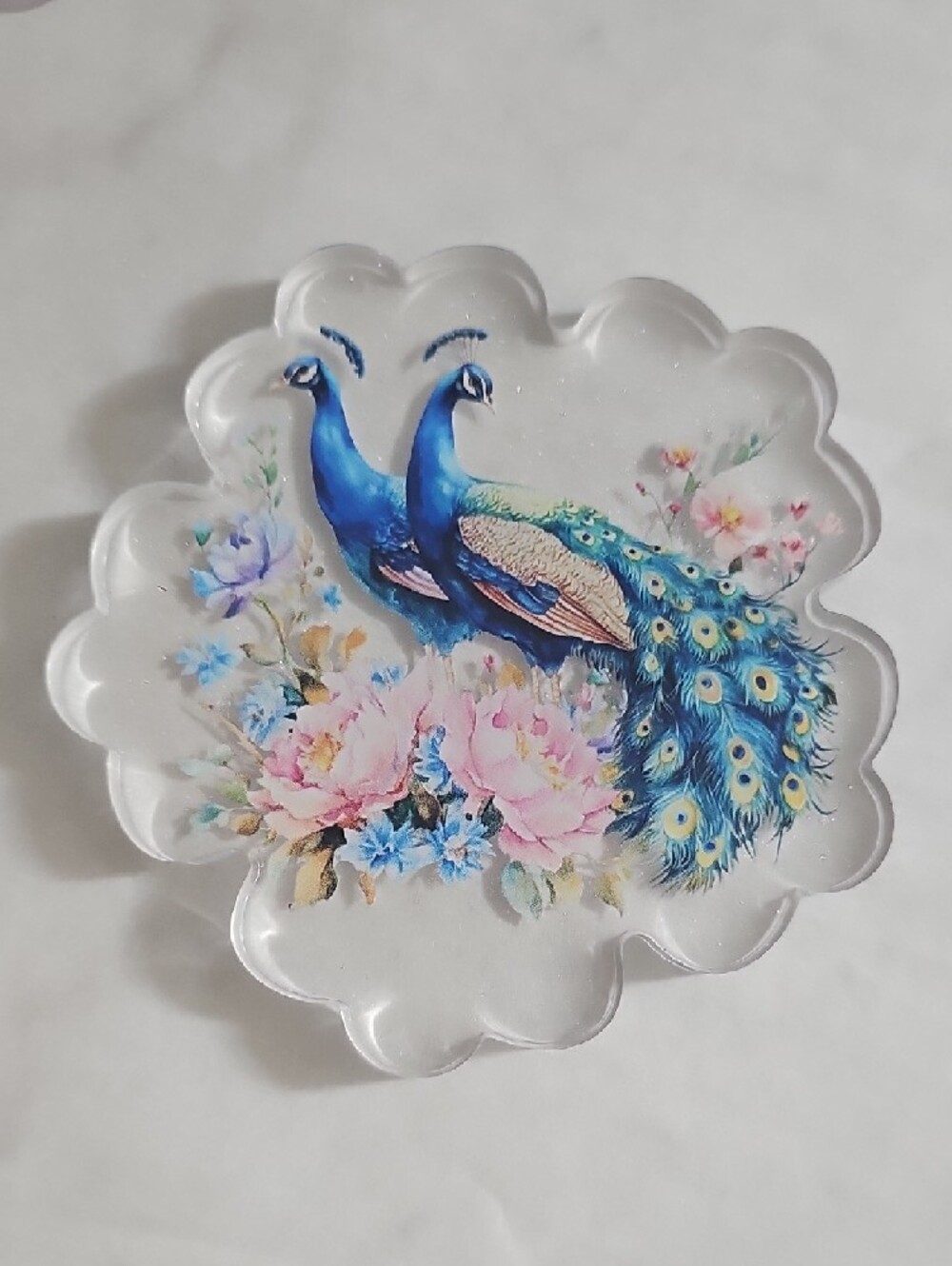 Hand Crafted Blue Peacock Floral Glass Coasters - Set of 4 - Picture 3 of 6